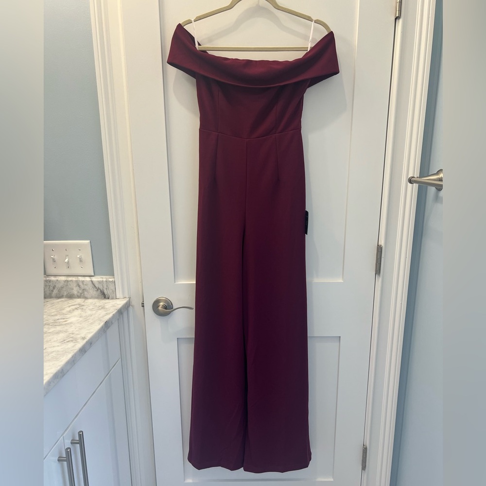NWT Lulus Off-Shoulder Burgundy Jumpsuit